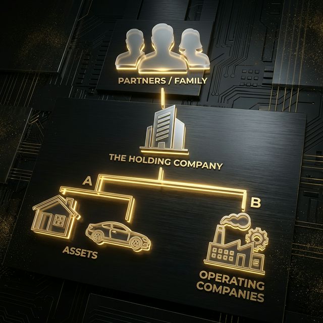 Infográfico: Estrutura Básica de uma Holding Familiar (Sócios > Holding > Bens/Empresas)