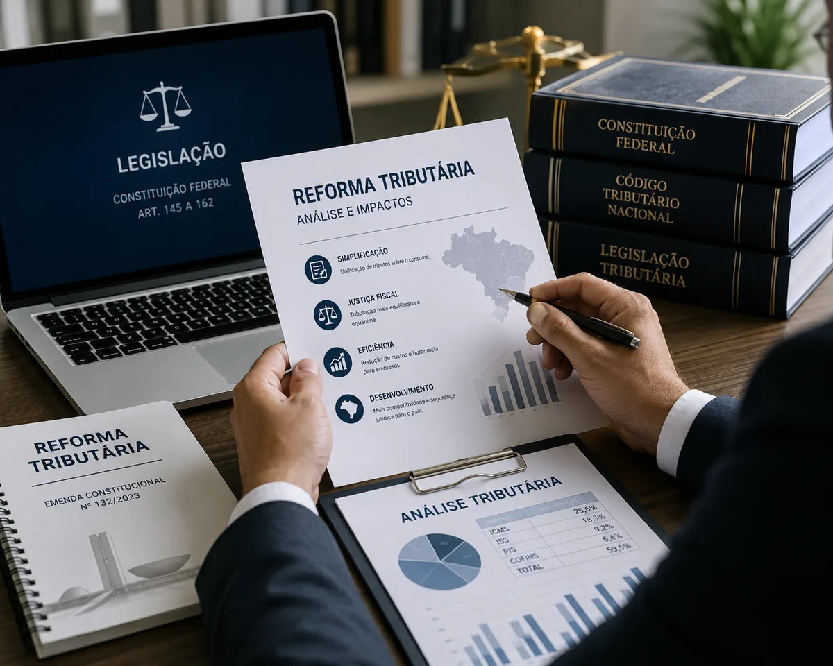 Advogado analisando documentos da Reforma Tributária e legislação fiscal para apuração do Lucro Real